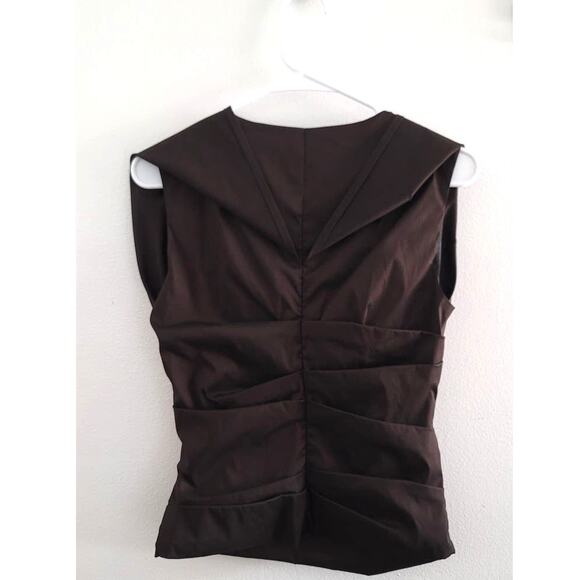Talbot Runhof Silk Blend Pleated V-Neck Sleeveless Top Brown 8 - Picture 2 of 10